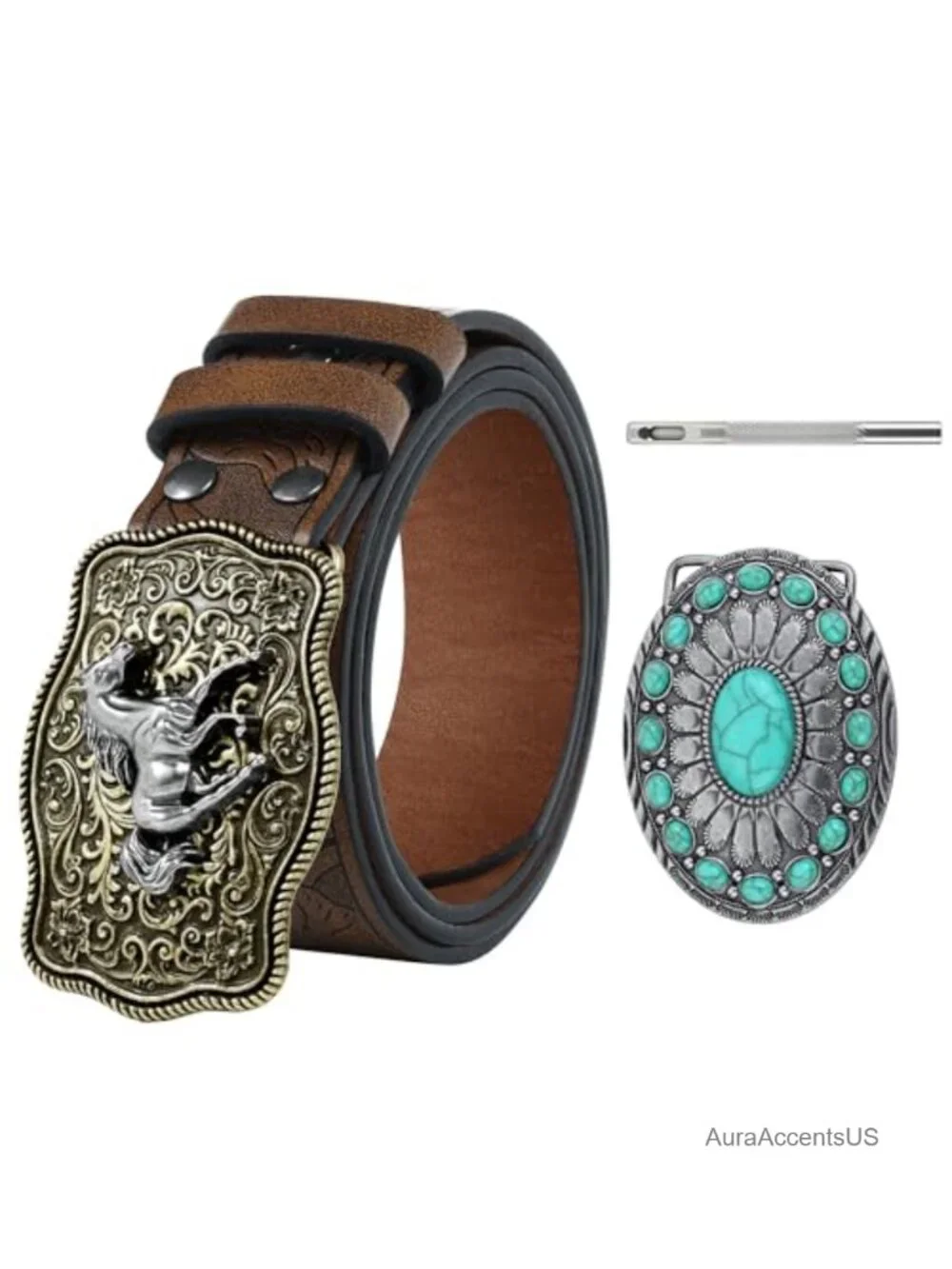 Western Cowboy Belt Set with Removable Buckles PU Leather Strap Adjustable Men